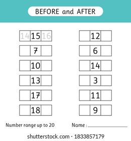 Fill in the missing numbers. Before and after. Number range up to 20. Mathematic. Worksheet for kids. Vector illustration