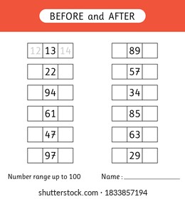 Fill in the missing numbers. Before and after. Number range up to 100. Mathematic. Worksheet for kids. School. Vector illustration