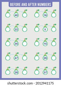 Fill in the missing numbers. Before and after. Range of numbers from 0 to 50. Mathematics. Worksheets for children. School. Vector illustration.