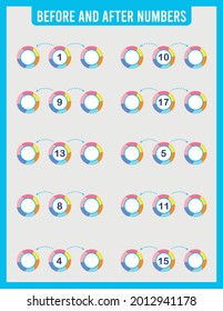 Fill in the missing numbers. Before and after. Range of numbers from 0 to 50. Mathematics. Worksheets for children. School. Vector illustration.