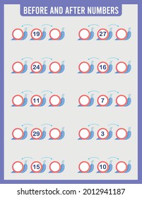 Fill in the missing numbers. Before and after. Range of numbers from 0 to 50. Mathematics. Worksheets for children. School. Vector illustration.