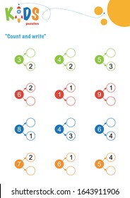 Fill in the missing numbers. Counting worksheet. Easy colorful math puzzles for preschool, elementary and middle school kids. 