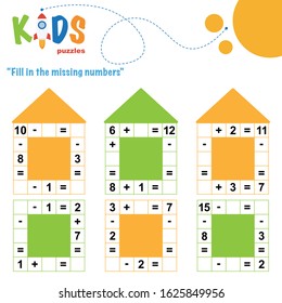 Fill In The Missing Numbers. Easy Colorful Math Crossword Puzzles For Preschool, Elementary And Middle School Kids. 