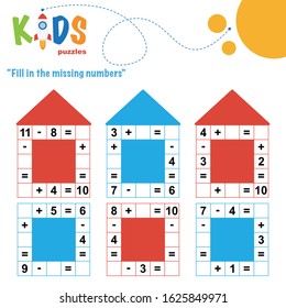 Fill In The Missing Numbers. Easy Colorful Math Crossword Puzzles For Preschool, Elementary And Middle School Kids. 