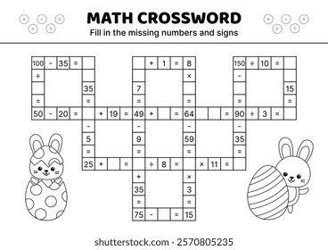 Fill in the missing numbers and signs. Hard math black and white crossword with addition, subtraction, multiplication, division. Solve the problem. Educational attention game for kids. Isolated vector