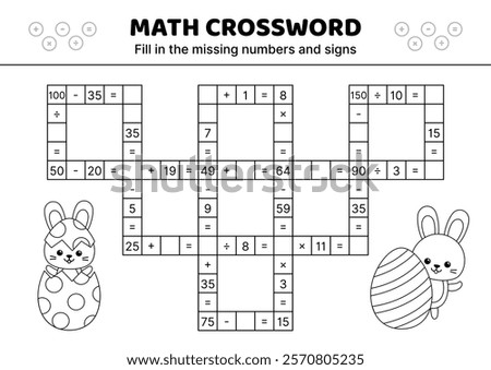 Fill in the missing numbers and signs. Hard math black and white crossword with addition, subtraction, multiplication, division. Solve the problem. Educational attention game for kids. Isolated vector