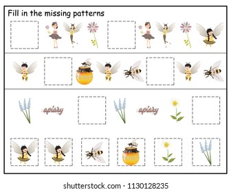 Fill in the missing patterns. Apiary math educational game for children. Counting educational children game, kids activity worksheet.