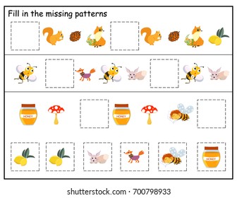 Fill In The Missing Patterns. Kids Printables Game. Preschool Kindergarten Worksheet.