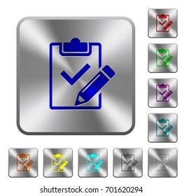 Fill out checklist engraved icons on rounded square glossy steel buttons