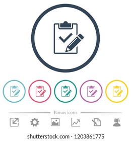 Fill out checklist flat color icons in round outlines. 6 bonus icons included.