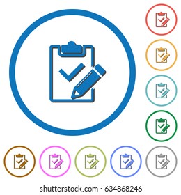 Fill out checklist flat color vector icons with shadows in round outlines on white background