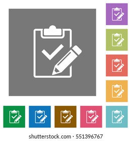Fill out checklist flat icons on simple color square backgrounds