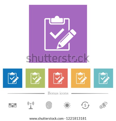 Fill out checklist flat white icons in square backgrounds. 6 bonus icons included.