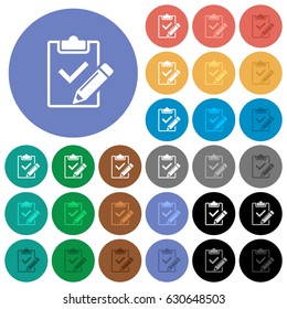 Fill out checklist multi colored flat icons on round backgrounds. Included white, light and dark icon variations for hover and active status effects, and bonus shades on black backgounds.