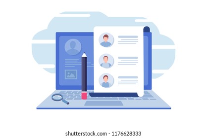 Fill out a form. Online application. survey, interview, job, document, laptop. Flat Cartoon illustration vector graphic on white background. 