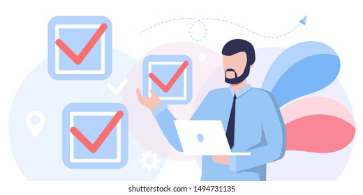 fill out form, for web banners, infographics, websites. Concept done job, checklist, long paper document to do list with checkboxes. life work balance, time management, tasks, manager, boss, success