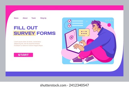 Fill out survey forms landing page. Online questionnaire. Website design template. Man puts checkmarks. Web test exam ticks. Internet poll. Guy at laptop. Education quiz questions. Vector background