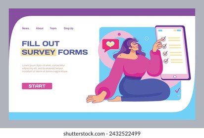 Fill out survey forms landing page. Internet voting. Online questionnaire. Website design template. Woman putting checkmarks. Mobile web test. Exam ticks. Education quiz questions. Vector background