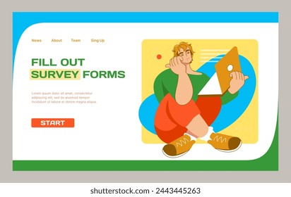 Fill out survey forms landing page. Online questionnaire. Website design template. Web test choice tick. Internet poll. Education quiz. Man with laptop. Digital voting. Student exam. Vector background