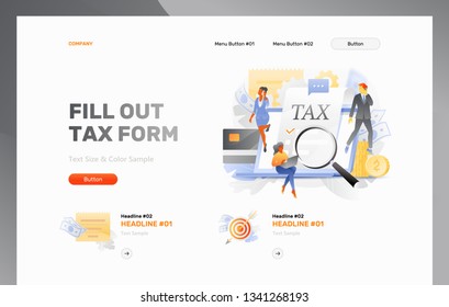 Fill out Tax form vector header template with Tax form sticking out of open laptop surrounded by tiny people characters. Modern stylish flat design with gradients.