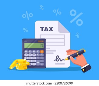 fill out the tax form of your own business. pay part of the income to the state. flat vector illustration.
