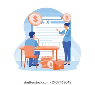 Fill out tax forms online. Financial advisors provide instructions on how to fill out tax forms. Tax Audit concept. Flat vector illustration.