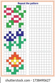 Fill out the template. Copy the picture. Printed sheet. Pixel graphics. Education is a logical game for preschool children. vector illustration.