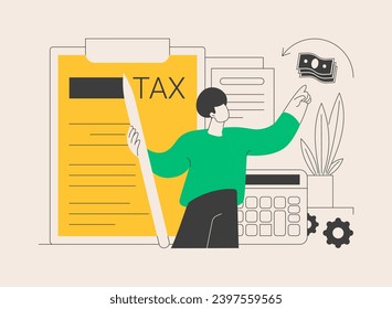 Rellene la ilustración de vector de concepto abstracto de declaración de impuestos. Reembolso de dinero, cumplimentar formulario en línea, estado de ingresos, planificación de beneficios y presupuesto de negocios, informe financiero, metáfora abstracta de ingresos.