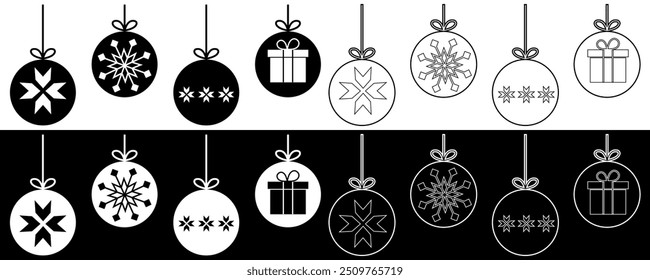 Fill and outline hanging Christmas balls, christmas bauble decoration in white and black color. Vector illustration isolated on black and white background.