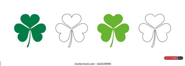 Fill and Outline Leaf Shamrock Clover Icons Set isolated on White Background. Flat Vector Icon Design Template Elements.