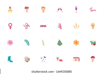Fill style icon set design of Womens day empowerment female power feminist people feminism celebration and strong theme Vector illustration