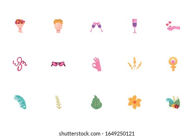 Fill style icon set design of Womens day empowerment female power feminist people feminism celebration and strong theme Vector illustration