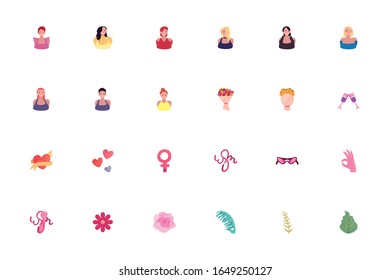 Fill style icon set design of Womens day empowerment female power feminist people feminism celebration and strong theme Vector illustration