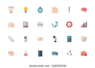 Diseño de conjunto de iconos de estilo de relleno, objetos de negocio de Office fuerza de trabajo de empresa ocupación de trabajo de empresa tema de comunicación Ilustración vectorial