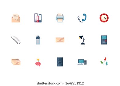 Fill style icon set design, Office business objects workforce corporate job work occupation and communication theme Vector illustration