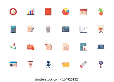 Diseño de conjunto de iconos de estilo de relleno, objetos de negocio de Office fuerza de trabajo de empresa ocupación de trabajo de empresa tema de comunicación Ilustración vectorial
