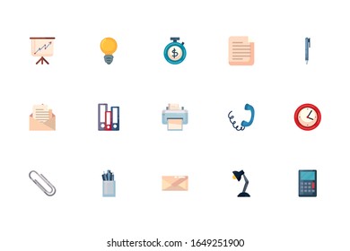 Diseño de conjunto de iconos de estilo de relleno. Oficinas de objetos de negocio personal trabajo corporativo ocupación y tema de comunicación. Ilustración vectorial.