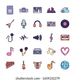 fill style icon set design, Music sound melody song musical art and composition theme Vector illustration