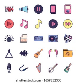 fill style icon set design, Music sound melody song musical art and composition theme Vector illustration