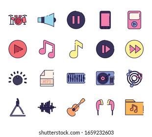 fill style icon set design, Music sound melody song musical art and composition theme Vector illustration