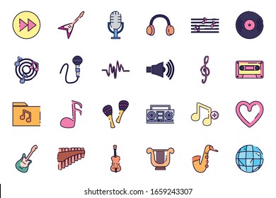 fill style icon set design, Music sound melody song musical art and composition theme Vector illustration