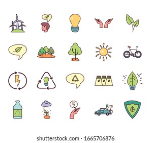 fill style icon set design, Ecology eco save green natural organic environment protection and care theme Vector illustration