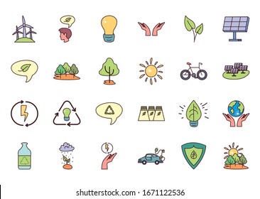 diseño de conjunto de iconos de estilo de relleno, ecología ecológica, ahorro ecológico natural, protección del medio ambiente orgánico verde y cuidado tema Vector ilustración