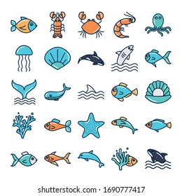 Fill Style Icon Set Design Sea Animals Life Ecosystem Fauna Ocean Underwater Water Nature Marine Tropical Theme Vector Illustration