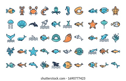 fill style icon set design Sea animals life ecosystem fauna ocean underwater water nature marine tropical theme Vector illustration