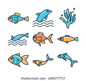fill style icon set design Sea animals life ecosystem fauna ocean underwater water nature marine tropical theme Vector illustration