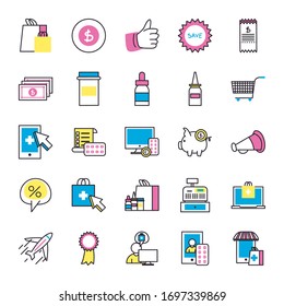 fill style icon set design of Shopping online medical care ecommerce market retail buy paying banking and consumerism theme Vector illustration