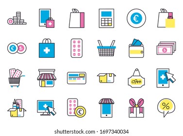 fill style icon set design of Shopping online medical care ecommerce market retail buy paying banking and consumerism theme Vector illustration