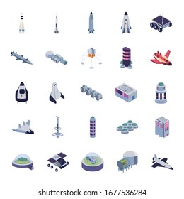 fill style icon set of Space futuristic cosmos outside universe astronomy adventure and exploration theme Vector illustration