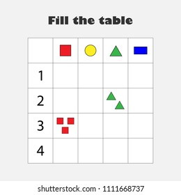 Fill the table with colorful geometric shapes for children, count and draw, fun education game for kids, preschool worksheet activity, task for the development of logical thinking, vector illustration